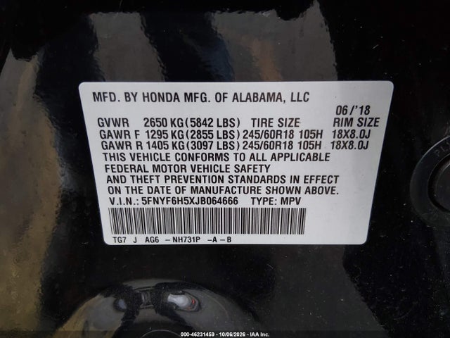 Продажа на аукционе авто 2018 Honda Pilot Ex-l, vin: 5FNYF6H5XJB064666, номер лота: 46231459