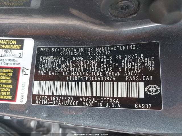 Aukcja sprzedaży 2012 Toyota Camry Se, vin: 4T1BF1FK1CU603876, numer aukcji: 46231465