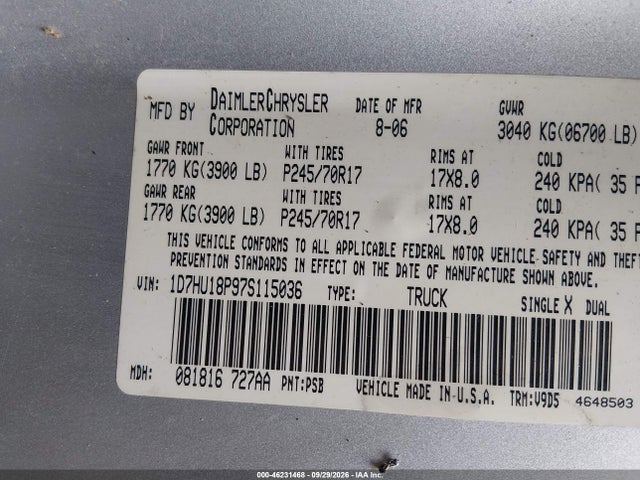 46231468 :رقم المزاد ، 1D7HU18P97S115036 vin ، 2007 Dodge Ram 1500 Slt/trx4 Off Road/sport مزاد بيع