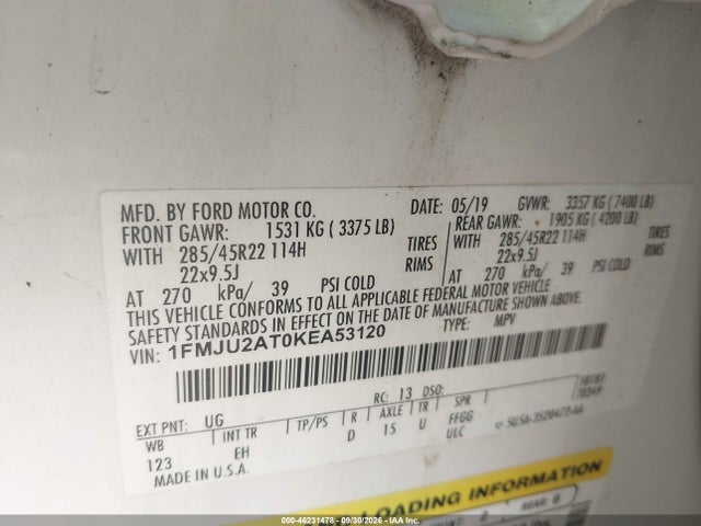 Auction sale of the 2019 Ford Expedition Limited, vin: 1FMJU2AT0KEA53120, lot number: 46231478