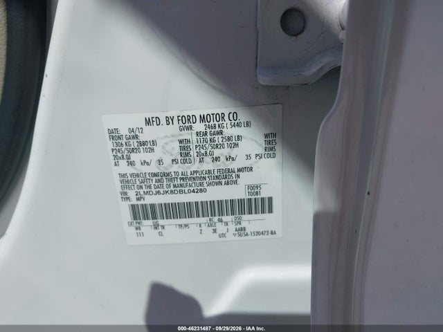 46231487 :رقم المزاد ، 2LMDJ6JK8DBL04280 vin ، 2013 Lincoln Mkx مزاد بيع