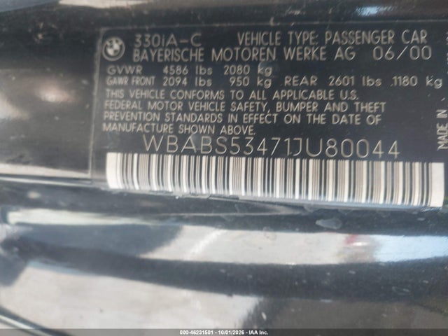 46231501 :رقم المزاد ، WBABS53471JU80044 vin ، 2001 Bmw 330ci مزاد بيع
