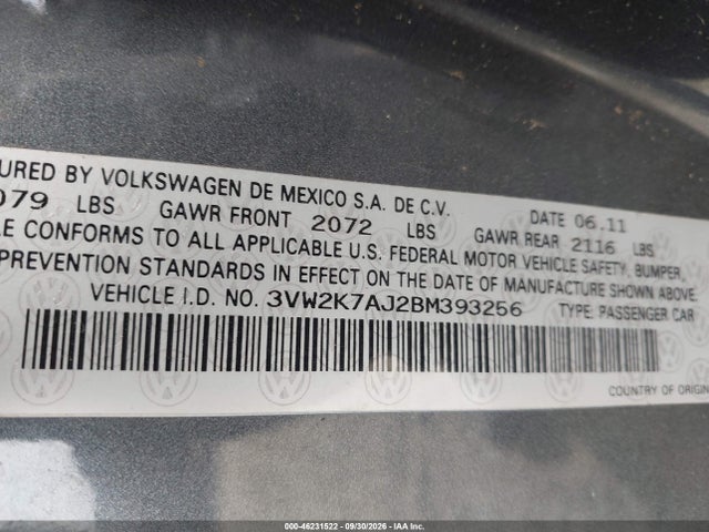 2011 Volkswagen Jetta 2.0l Base/2.0l S მანქანა იყიდება აუქციონზე, vin: 3VW2K7AJ2BM393256, აუქციონის ნომერი: 46231522