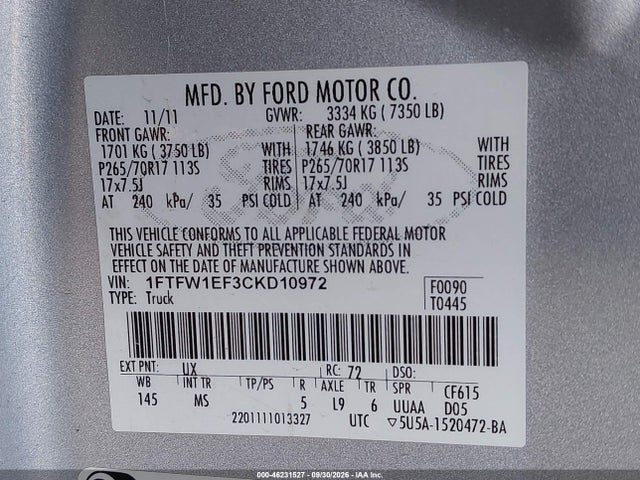 2012 Ford F-150 Xlt მანქანა იყიდება აუქციონზე, vin: 1FTFW1EF3CKD10972, აუქციონის ნომერი: 46231527