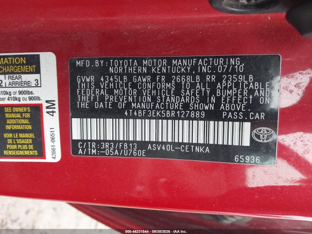 46231544 :رقم المزاد ، 4T4BF3EK5BR127889 vin ، 2011 Toyota Camry Le مزاد بيع