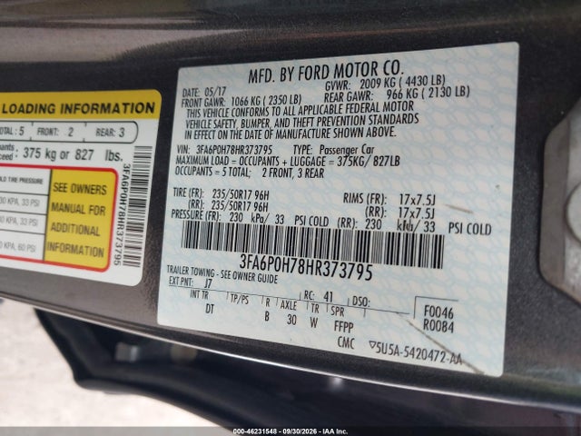 Продажа на аукционе авто 2017 Ford Fusion Se, vin: 3FA6P0H78HR373795, номер лота: 46231548
