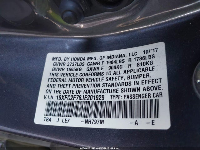 2018 Honda Civic Ex მანქანა იყიდება აუქციონზე, vin: 19XFC2F78JE201929, აუქციონის ნომერი: 46231549
