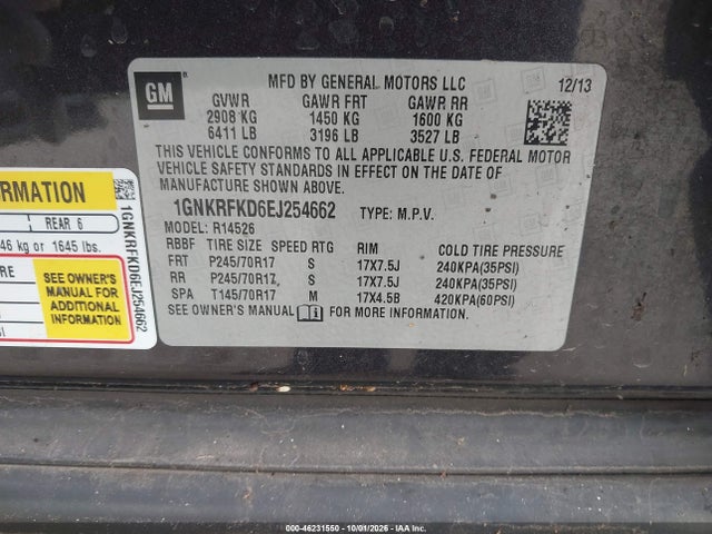 46231550 :رقم المزاد ، 1GNKRFKD6EJ254662 vin ، 2014 Chevrolet Traverse Ls مزاد بيع