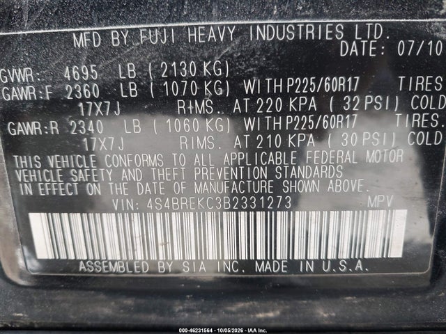Продаж на аукціоні авто 2011 Subaru Outback 3.6r Limited, vin: 4S4BREKC3B2331273, номер лоту: 46231564