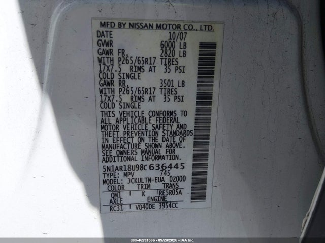 46231566 :رقم المزاد ، 5N1AR18U98C636445 vin ، 2008 Nissan Pathfinder Se مزاد بيع