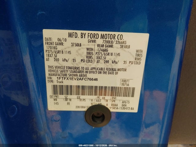 46231568 :رقم المزاد ، 1FTFX1EV2AFC76646 vin ، 2010 Ford F-150 Fx4/lariat/xl/xlt مزاد بيع