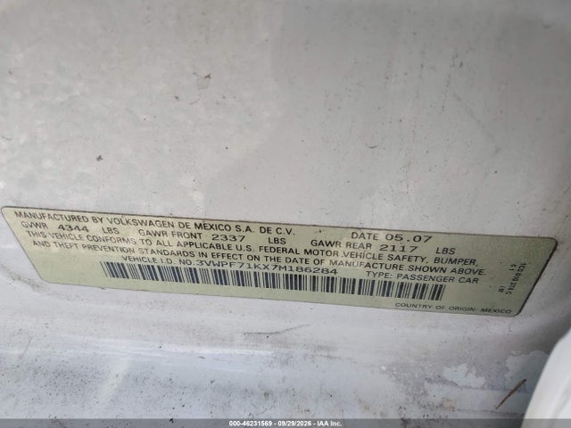 46231569 :رقم المزاد ، 3VWPF71KX7M186284 vin ، 2007 Volkswagen Jetta 2.5 مزاد بيع