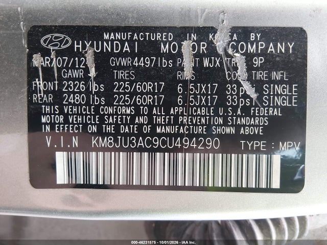 Продаж на аукціоні авто 2012 Hyundai Tucson Gls, vin: KM8JU3AC9CU494290, номер лоту: 46231575