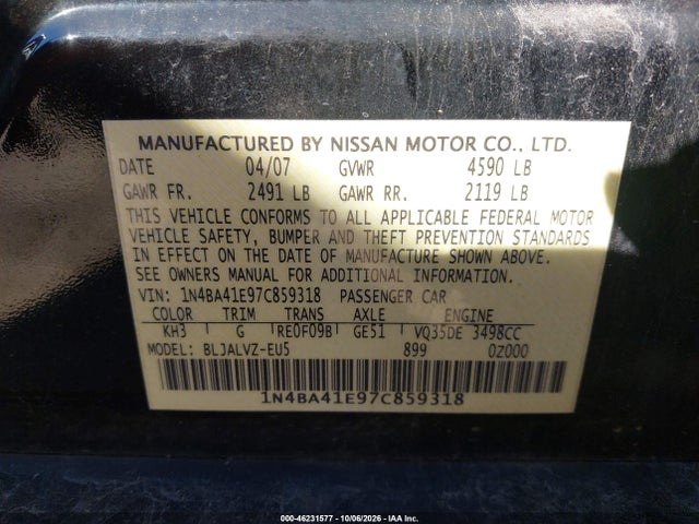 Продаж на аукціоні авто 2007 Nissan Maxima 3.5 Se, vin: 1N4BA41E97C859318, номер лоту: 46231577