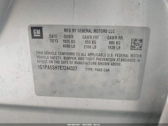 46231581 :رقم المزاد ، 1G1PA5SH7E7244327 vin ، 2014 Chevrolet Cruze Ls Auto مزاد بيع