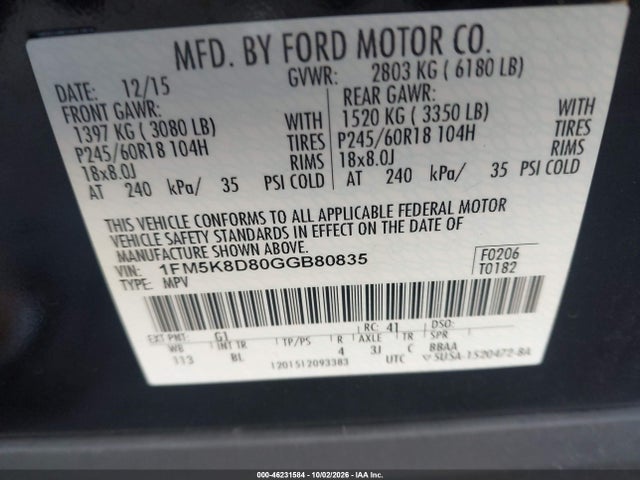 Продаж на аукціоні авто 2016 Ford Explorer Xlt, vin: 1FM5K8D80GGB80835, номер лоту: 46231584