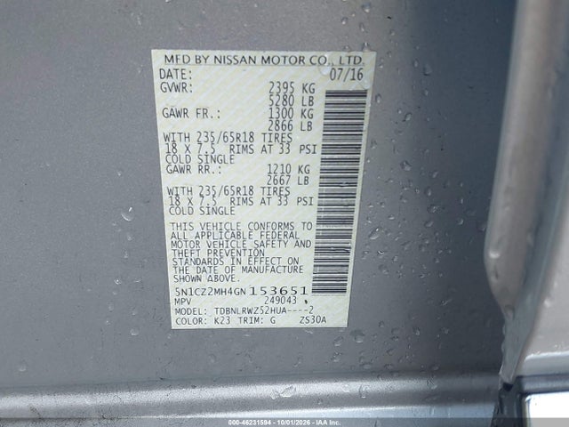 Aukcja sprzedaży 2016 Nissan Murano Hybrid Sl, vin: 5N1CZ2MH4GN153651, numer aukcji: 46231594