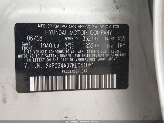 Aukcja sprzedaży 2019 Hyundai Accent Se, vin: 3KPC24A37KE041081, numer aukcji: 46231597
