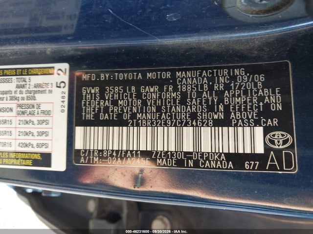 Aukcja sprzedaży 2007 Toyota Corolla Ce, vin: 2T1BR32E97C734628, numer aukcji: 46231600