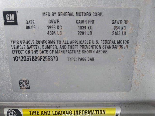 2009 Chevrolet Malibu Ls მანქანა იყიდება აუქციონზე, vin: 1G1ZG57B39F256370, აუქციონის ნომერი: 46231605