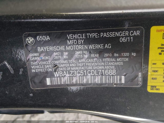 Aukcja sprzedaży 2012 Bmw 650i, vin: WBALZ3C51CDL71688, numer aukcji: 46231607