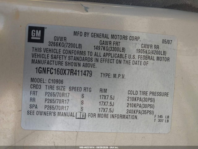 Aukcja sprzedaży 2007 Chevrolet Suburban 1500 Lt, vin: 1GNFC160X7R411479, numer aukcji: 46231614