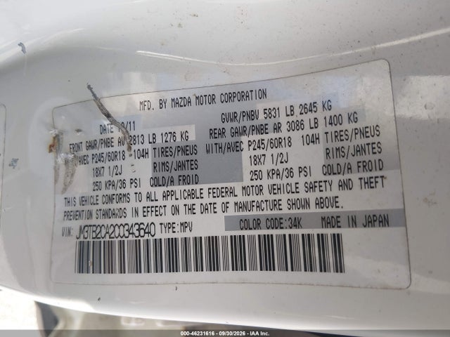 Aukcja sprzedaży 2012 Mazda Cx-9 Touring, vin: JM3TB2CA2C0343640, numer aukcji: 46231616