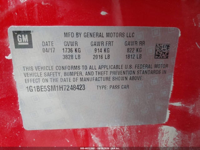 2017 Chevrolet Cruze Lt Auto მანქანა იყიდება აუქციონზე, vin: 1G1BE5SM1H7248423, აუქციონის ნომერი: 46231661