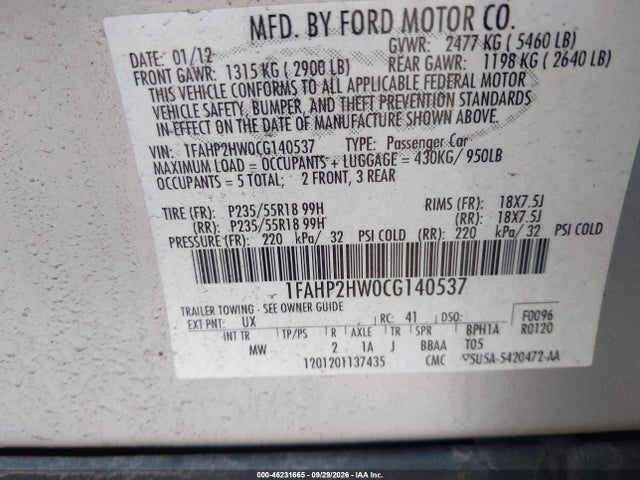 46231665 :رقم المزاد ، 1FAHP2HW0CG140537 vin ، 2012 Ford Taurus Sel مزاد بيع