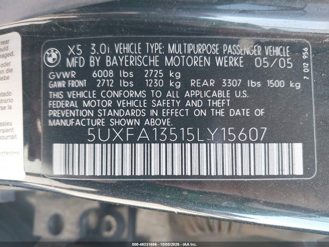 Aukcja sprzedaży 2005 Bmw X5 3.0i, vin: 5UXFA13515LY15607, numer aukcji: 46231666