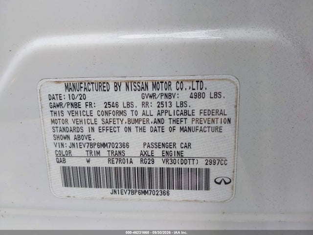 46231668 :رقم المزاد ، JN1EV7BP6MM702366 vin ، 2021 Infiniti Q50 Luxe مزاد بيع