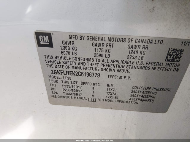 Aukcja sprzedaży 2012 Gmc Terrain Sle-1, vin: 2GKFLREK2C6196779, numer aukcji: 46231671