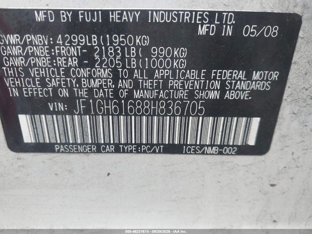 Auction sale of the 2008 Subaru Impreza 2.5i, vin: JF1GH61688H836705, lot number: 46231674