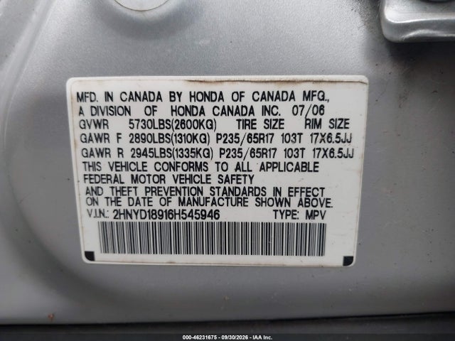 Auction sale of the 2006 Acura Mdx, vin: 2HNYD18916H545946, lot number: 46231675