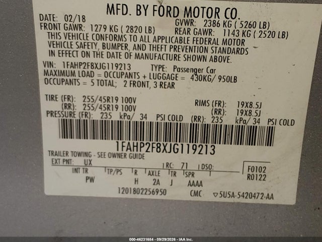 Aukcja sprzedaży 2018 Ford Taurus Limited, vin: 1FAHP2F8XJG119213, numer aukcji: 46231684