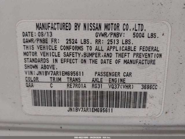 2014 Infiniti Q50 Premium მანქანა იყიდება აუქციონზე, vin: JN1BV7AR1EM695611, აუქციონის ნომერი: 46231690