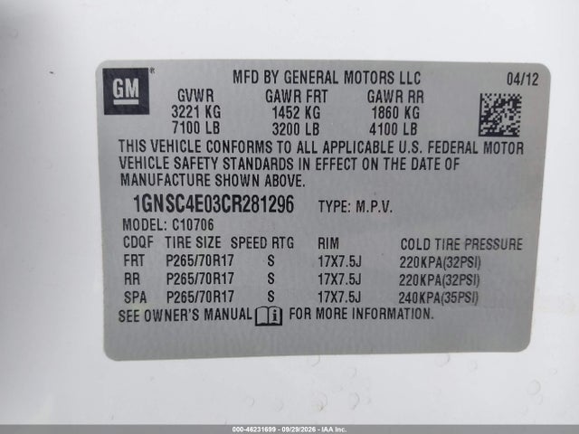 Aukcja sprzedaży 2012 Chevrolet Tahoe Commercial Fleet, vin: 1GNSC4E03CR281296, numer aukcji: 46231699