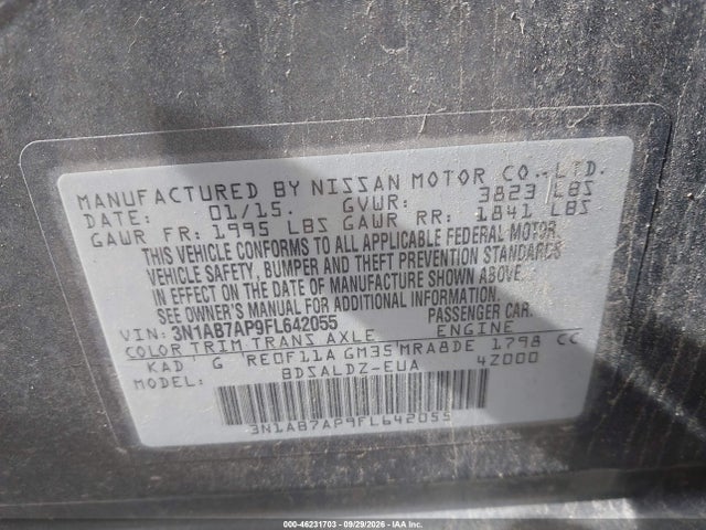 2015 Nissan Sentra Sv მანქანა იყიდება აუქციონზე, vin: 3N1AB7AP9FL642055, აუქციონის ნომერი: 46231703