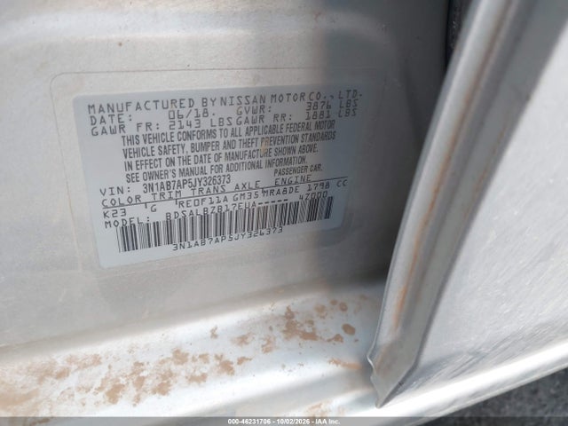 2018 Nissan Sentra S მანქანა იყიდება აუქციონზე, vin: 3N1AB7AP5JY326373, აუქციონის ნომერი: 46231706