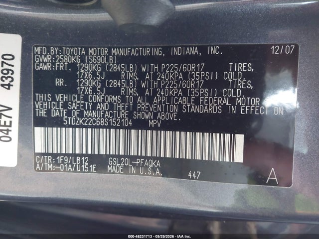 Aukcja sprzedaży 2008 Toyota Sienna Limited, vin: 5TDZK22C68S152104, numer aukcji: 46231713