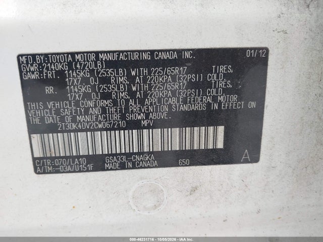 46231716 :رقم المزاد ، 2T3DK4DV2CW067210 vin ، 2012 Toyota Rav4 Limited V6 مزاد بيع
