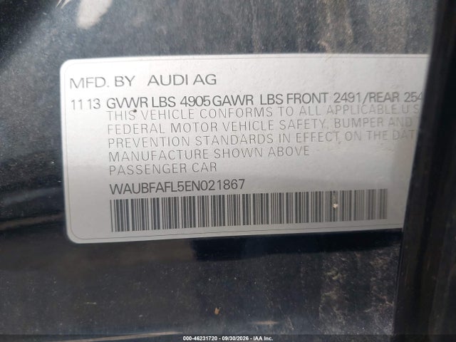 46231720 :رقم المزاد ، WAUBFAFL5EN021867 vin ، 2014 Audi A4 2.0t Premium مزاد بيع