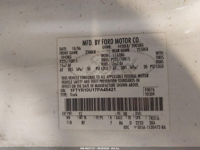 46231721 :رقم المزاد ، 1FTYR10U17PA45421 vin ، 2007 Ford Ranger Sport/stx/xl/xlt مزاد بيع