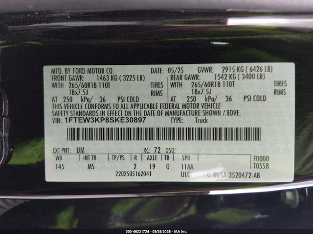 2025 Ford F-150 Xlt მანქანა იყიდება აუქციონზე, vin: 1FTEW3KP8SKE30897, აუქციონის ნომერი: 46231724