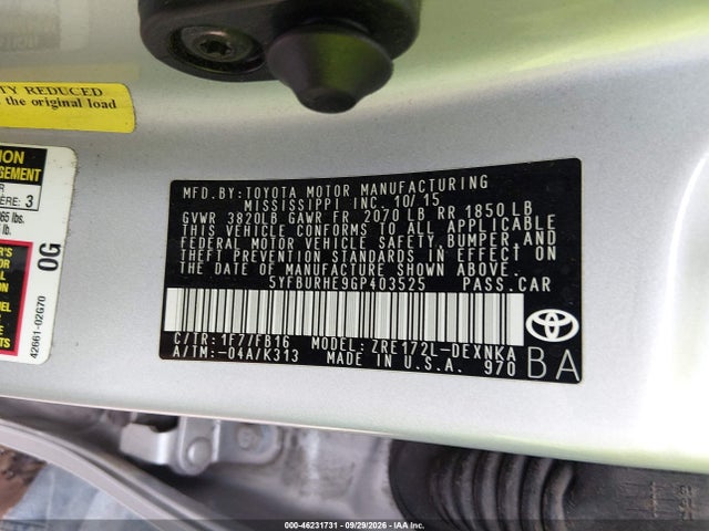 Продаж на аукціоні авто 2016 Toyota Corolla Le Plus, vin: 5YFBURHE9GP403525, номер лоту: 46231731