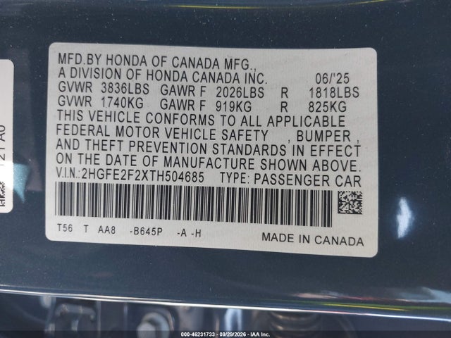 Продаж на аукціоні авто 2026 Honda Civic Lx, vin: 2HGFE2F2XTH504685, номер лоту: 46231733