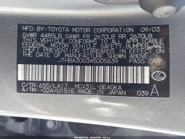 Aukcja sprzedaży 2004 Lexus Es 330, vin: JTHBA30G345005639, numer aukcji: 46231734