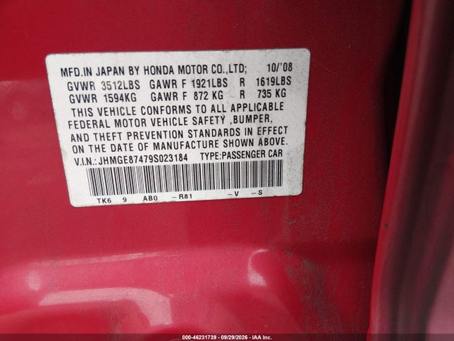 Продаж на аукціоні авто 2009 Honda Fit Sport, vin: JHMGE87479S023184, номер лоту: 46231739