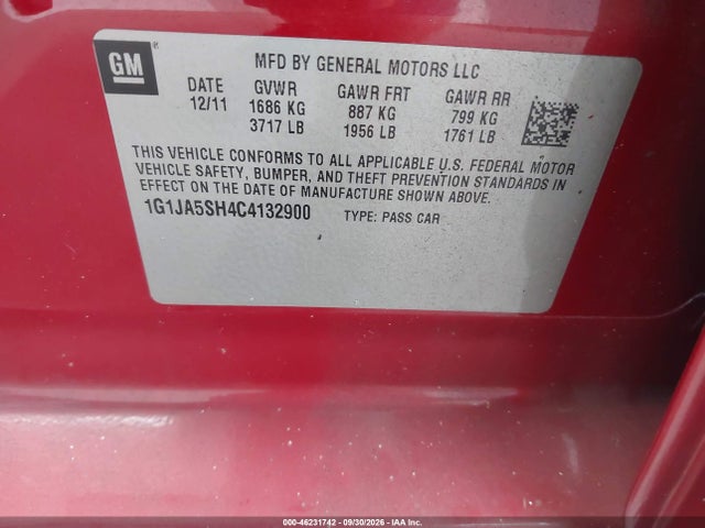 Продажа на аукционе авто 2012 Chevrolet Sonic 2ls, vin: 1G1JA5SH4C4132900, номер лота: 46231742