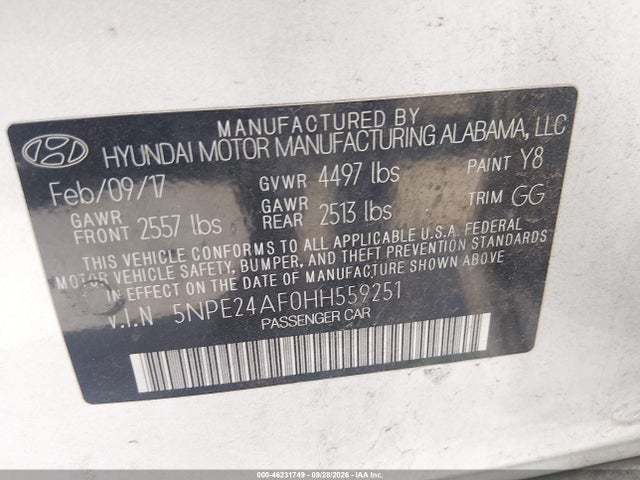 Aukcja sprzedaży 2017 Hyundai Sonata, vin: 5NPE24AF0HH559251, numer aukcji: 46231749